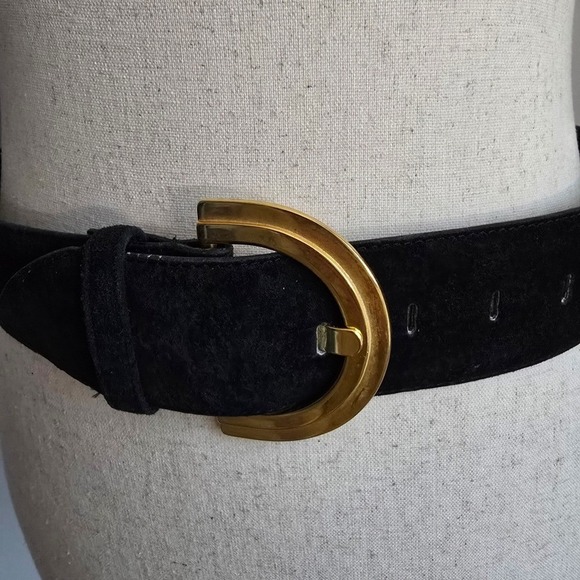 Motion East Black Suede Leather Gold Buckle 80s Glam Wide Statement Belt Medium main image 7
